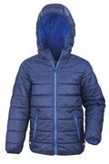 The Result Core R233J jacket is a blue puffer with a zipper, hood, and two zippered pockets, crafted from shiny quilted material for a warm and cozy appearance.