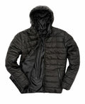The R233M from Result Core is a black puffer jacket featuring a hood and a partially open front zipper, revealing its inner lining.