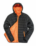 Result Core's R233M features a black exterior contrasted by an orange interior, shown with the front slightly unzipped to reveal the stylish hood and lining.
