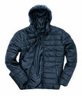The Result Core R233M black puffer jacket, featuring a hood and front zipper, is displayed on a white background. The shiny material of the jacket is highlighted, with the interior lining visible.