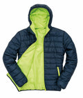 Introducing the R233M by Result Core - a stylish navy blue puffer jacket highlighted by a striking bright lime green lining and hood. The unzipped design reveals the vivid contrasting inner color, and it is equipped with zippered pockets on each side for added functionality.