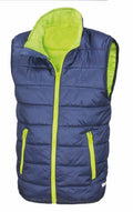 A Result Core R234J sleeveless puffer vest in blue with green lining and zippers, displayed against a white background.