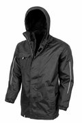A Result Core R236X black hooded jacket, featuring a zip front and white stripe accents on the sleeves, displayed on a white background.