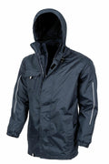 A Result Core R236X navy hooded jacket, featuring a zip front and white stripe accents on the sleeves, displayed on a white background.