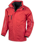 The R236X jacket from Result Core is an outdoor red hooded jacket with zipper and velcro fastenings, featuring a high collar, multiple pockets, and reflective strips on the sleeves.