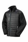 The R237X by Result Genuine Recycled is a zip-up jacket in black and dark gray, featuring a quilted front, two zippered side pockets, and a standing collar.
