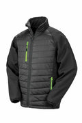 The R237X by Result Genuine Recycled is a black jacket featuring a gray quilted front and neon green zipper accents on the pockets.