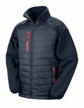 Introducing the Result Genuine Recycled R237X: a black, insulated jacket featuring a high collar and front zipper. This jacket is equipped with red zipper accents on the chest and side pockets for a stylish touch. The solid black sleeves come with elastic cuffs, while the quilted body ensures warmth and comfort.