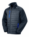 The Result Genuine Recycled R237X features a black and gray zip-up design with blue zipper accents on the chest and pockets, crafted from padded and soft fabric sections.