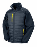 Product Description: The R237X by Result Genuine Recycled is a dark gray quilted jacket featuring a high collar and full zipper. It includes bright yellow zipper accents on the two side pockets and one chest pocket, and the smooth sleeves contrast with the quilted body.