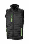 The R238X by Result Genuine Recycled is a black quilted vest featuring green zipper accents and pockets, showcased against a plain white background.