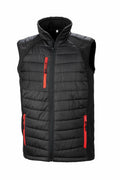 Introducing the Result Genuine Recycled R238X: a sleek, sporty black quilted vest featuring a front zipper and high collar. This sleeveless design includes two zippered side pockets and a chest pocket, all accented with eye-catching red zippers.