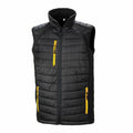 Introducing the R238X from Result Genuine Recycled: a black sleeveless puffer vest with a front zipper. This vest showcases yellow zipper details on the chest and lower pockets, complemented by a high collar for added warmth. The design is simple and sporty, perfect for any casual outing.