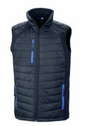 The Result Genuine Recycled R238X is a black puffer vest that features blue zippered pockets and a stand-up collar.