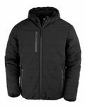 R240X by Result Genuine Recycled is a black hooded puffer jacket featuring a front zipper and two zippered side pockets.