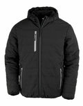 Experience the R240X by Result Genuine Recycled: a stylish black quilted jacket featuring a hooded design with silver zipper accents. It includes a front zipper, two side pockets, and one chest pocket for convenience.
