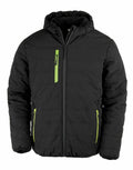 The R240X by Result Genuine Recycled is a black puffer jacket with a hood, lime green zip accents, two side pockets, and a chest pocket.