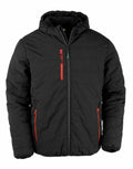 The R240X by Result Genuine Recycled is a black quilted jacket featuring a hood and a front zipper closure. It includes red zippers on the front pockets and chest pocket, and is displayed against a plain white background.