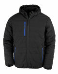 The R240X from Result Genuine Recycled is a black puffer jacket that comes with a hood and features a front zipper. It includes three blue zippered pockets: one on the chest and two on the sides, and showcases stitching patterns for a quilted effect.