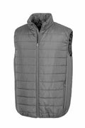 A gray R244X sleeveless puffer vest by Result Core, featuring a front zipper closure and two side pockets.