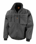 The R300X utility jacket by Result Work-Guard features a front zipper, multiple pockets, and ribbed cuffs and waistband in black.