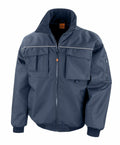 The Result Work-Guard R300X, a blue zip-up jacket featuring multiple pockets and a high collar, is displayed on a white background.