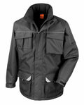 Introducing the Result Work-Guard R301X: a gray work jacket equipped with multiple pockets, a high collar, reflective trim, and Velcro cuffs.