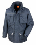 R301X utility jacket in dark blue featuring a high collar and multiple pockets, by Result Work-Guard, showcased on a white background.