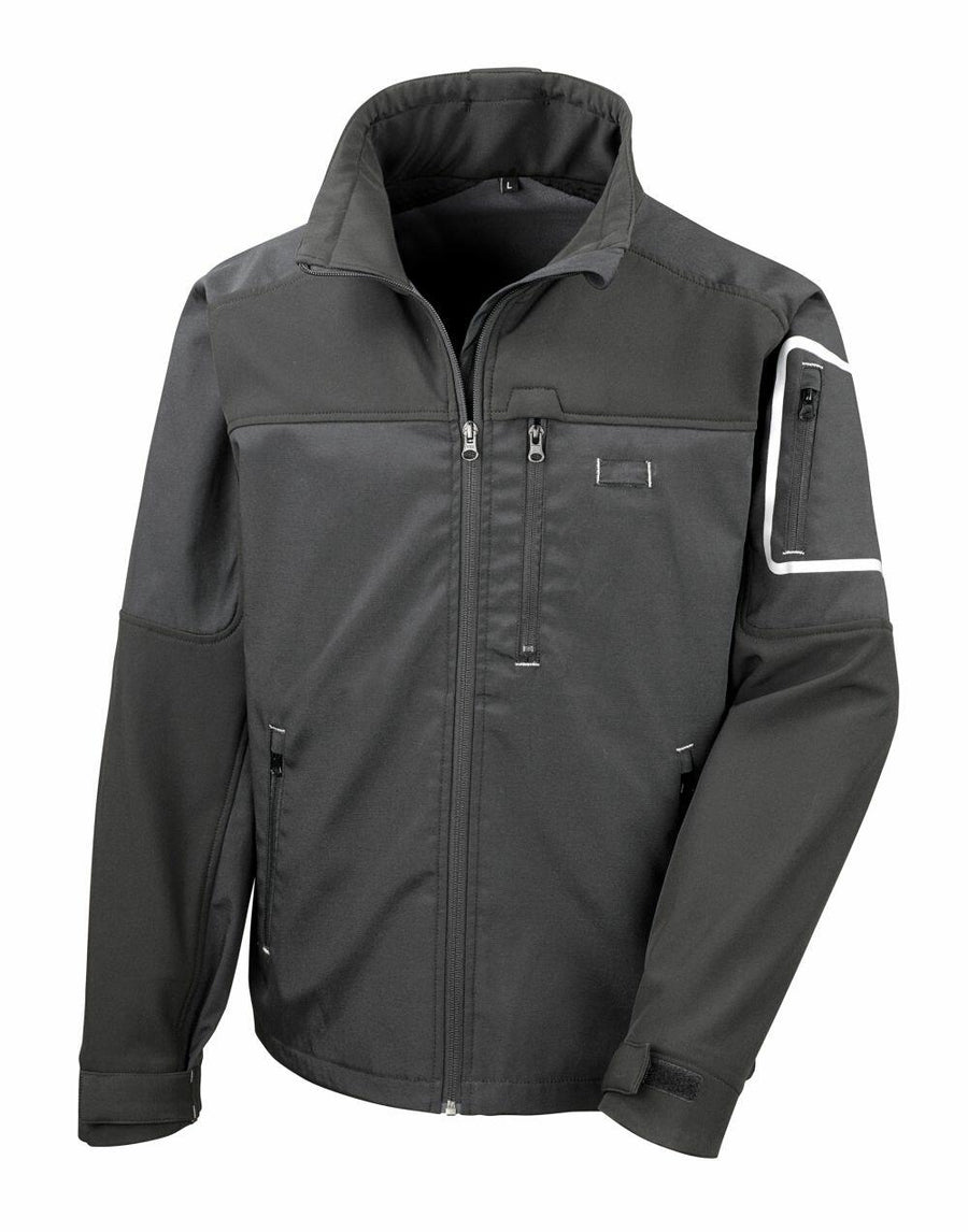 Result Work-Guard R302X in dark gray, featuring a zip-up design with a high collar, zippered pockets, and adjustable cuffs.