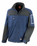 The R302X by Result Work-Guard is a zip-up jacket in blue and black, featuring multiple pockets, including one on the sleeve.