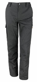 Result Work-Guard's R303X cargo pants in black, featuring side pockets and a button-zip closure, showcased against a white background.