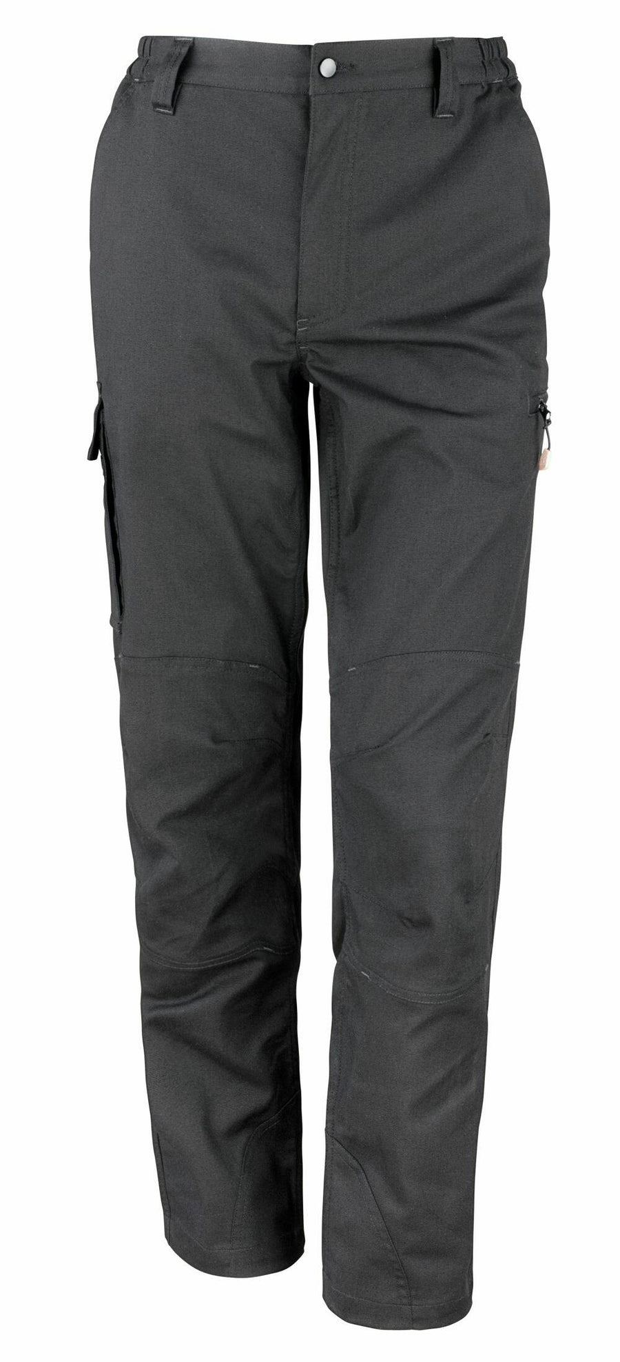 Result Work-Guard's R303X cargo pants in black, featuring side pockets and a button-zip closure, showcased against a white background.
