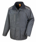 The Result Work-Guard R305X is a dark gray insulated jacket featuring a high collar, a zippered chest pocket, and two front pockets.