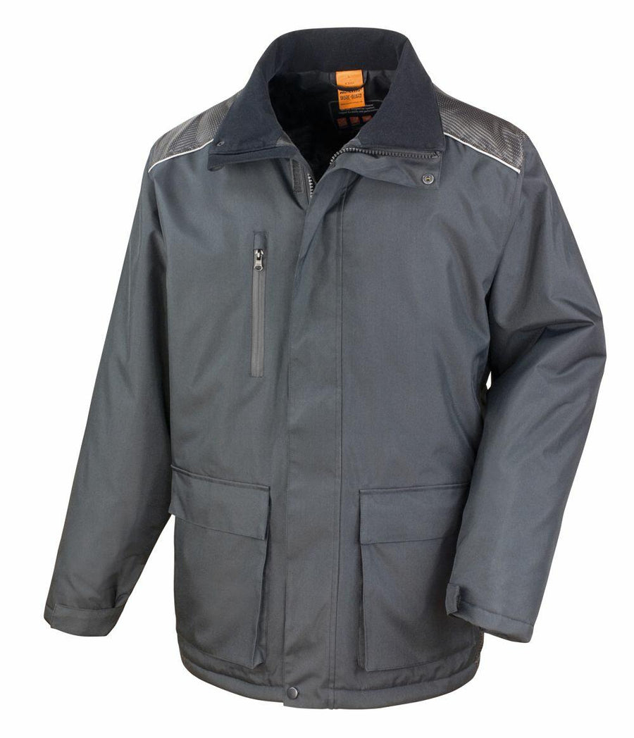 The Result Work-Guard R305X is a dark gray insulated jacket featuring a high collar, a zippered chest pocket, and two front pockets.
