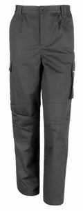 R308F by Result Workguard, black cargo pants featuring side pockets and a button closure, displayed against a white background.