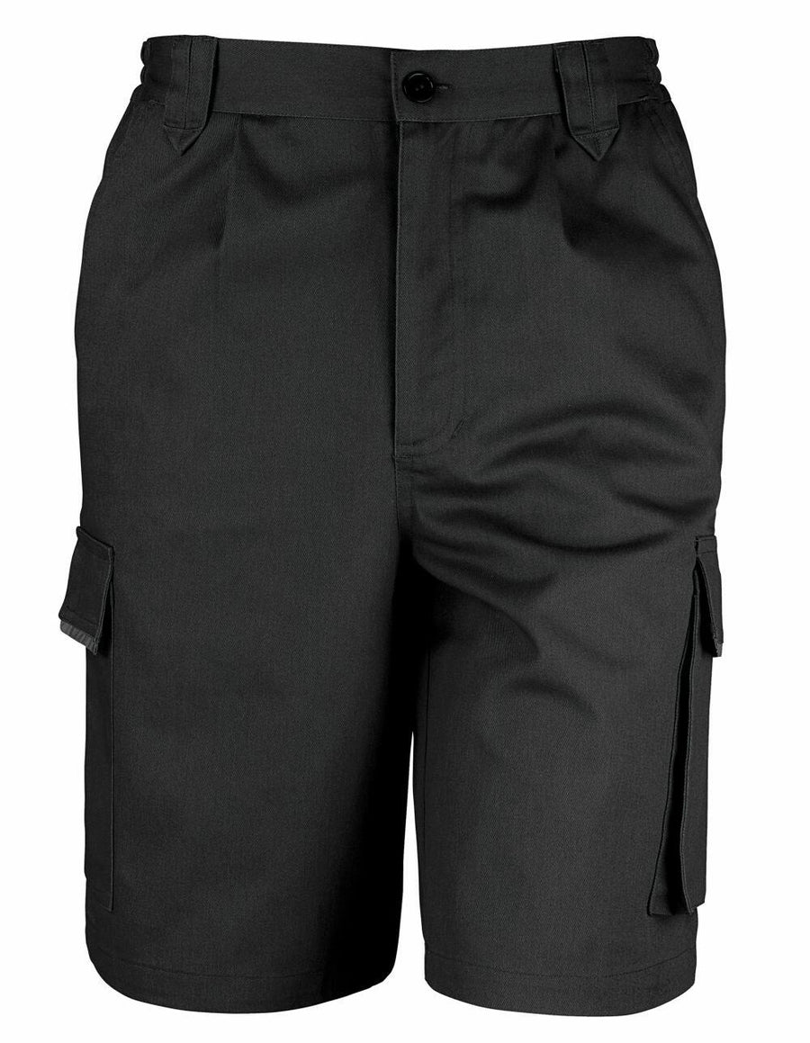 The Result Work-Guard R309X black cargo shorts include a button and zip closure, side pockets, and belt loops.