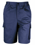 The R309X by Result Work-Guard are blue cargo shorts featuring side pockets and a button closure.