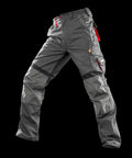 A pair of gray Result R310X tactical cargo pants with reinforced knee sections, black accents, and multiple pockets, including red zipper details, displayed against a black background.