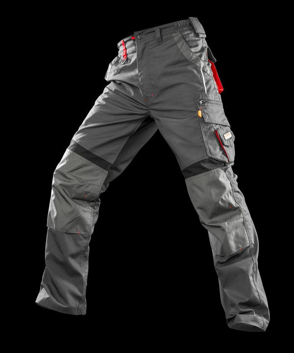 A pair of gray Result R310X tactical cargo pants with reinforced knee sections, black accents, and multiple pockets, including red zipper details, displayed against a black background.
