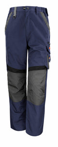 The R310X from Result Work-Guard is a pair of navy blue and gray cargo work pants featuring multiple pockets and reinforced knee patches.