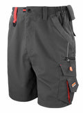 Result Work-Guard's R311X gray work shorts are equipped with multiple pockets, feature red and black accents, and have a belt loop design.