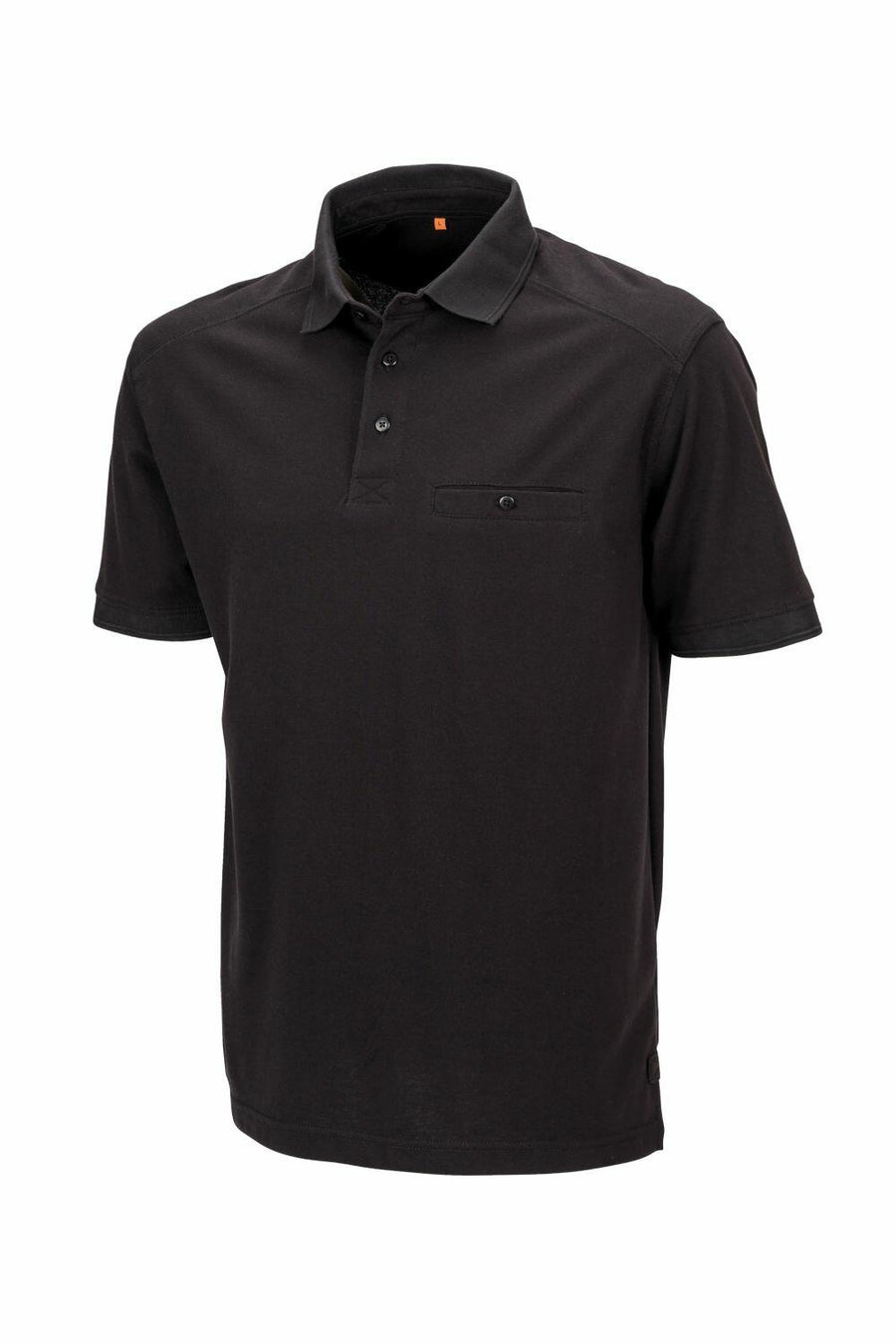 A Result Work-Guard R312X is a black polo shirt featuring short sleeves, a collar, and a chest pocket with buttons.