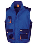 Result Work-Guard's R317X is a blue sleeveless work vest with multiple pockets, orange accents, and a high collar.