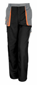 R318X pants from Result Work-Guard, featuring black and gray design with orange accents and multiple pockets.