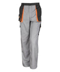 The Result Work-Guard R318X work pants are gray with black and orange accents, featuring multiple pockets and a button closure.