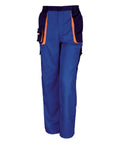 Result Work-Guard's R318X work pants feature a blue design with orange accents and multiple pockets.