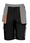 The Result Work-Guard R319X shorts feature black and gray panels with orange accents and multiple pockets.