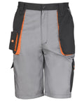 The Result Work-Guard R319X shorts feature a gray and black design with orange accents and multiple pockets.