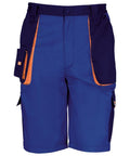 A pair of Result Work-Guard R319X shorts in blue and navy, featuring orange trim and multiple pockets.