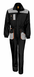 The Result Work-Guard R321X is a black coverall featuring gray accents and multiple pockets.